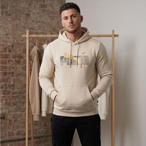 PUMA Men’s Cream Hoodie with Yellow Logo. Size M